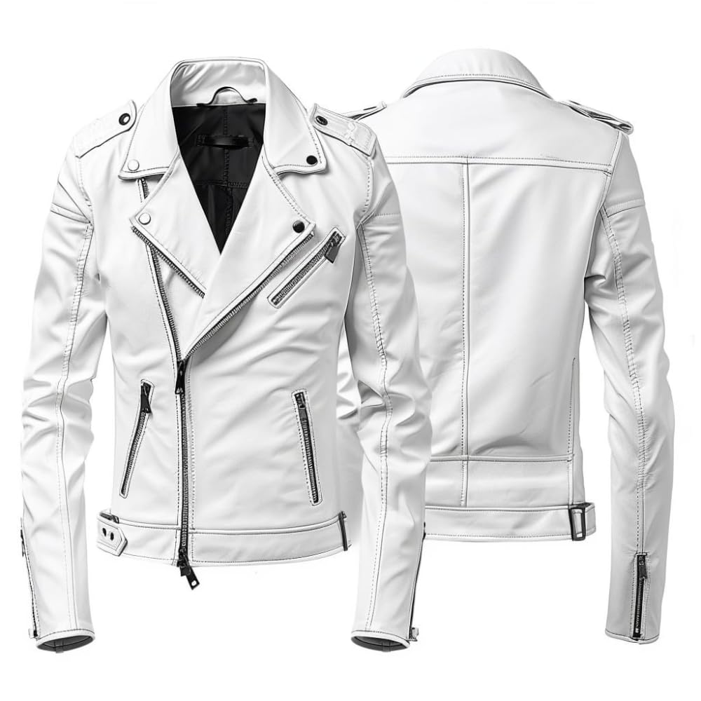 Generic White Men's Sheepskin Real Moto Leather Jacket